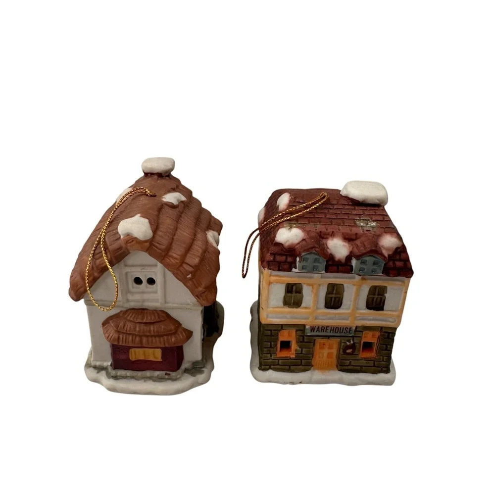 Vintage Porcelain Christmas Village House Bell Ornaments Set 2 Pieces 1990